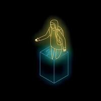 Student stepping into the metaverse with wifi symbol below glowing neon style on black background vector