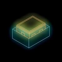 Neon colored isometric building under construction on black background vector