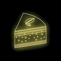 Bright yellow neon sign showing slice of cake with garnish vector