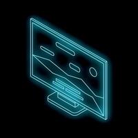 Glowing neon computer monitor displaying infographic with charts and data vector