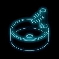 Neon bathroom sink shining in dark room isometric projection vector