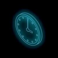 Neon blue clock showing time passing by on black background vector