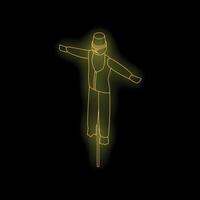 Glowing neon scarecrow standing with open arms on black background vector