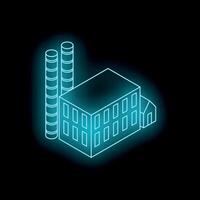 Neon style isometric factory building glowing on black background vector