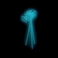 Neon camera on tripod recording on black background vector