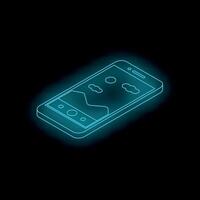 Neon smartphone showing photo app with landscape image on dark background vector