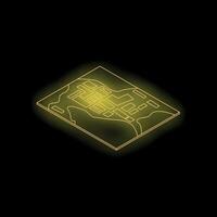Neon yellow gps navigation map glowing on black background vector