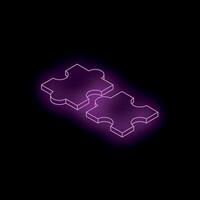 Two puzzle pieces connecting with neon purple light on black background vector