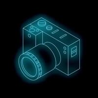 Neon blue outline of a digital camera floating on black background vector