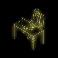 Glowing yellow neon icon of a businessman working on computer at his desk vector