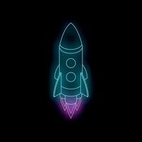 Neon rocket ship taking off into space vector