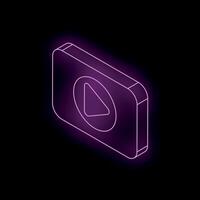 Neon purple play button icon glowing on black background vector