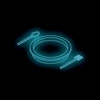 Neon glowing icon of empty plate with spoon and fork on black background vector