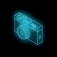 Blue neon camera glowing on dark background vector