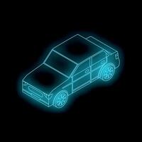 Blue neon wireframe sedan isometric view on black background vector