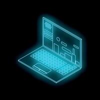 Neon blue laptop showing analytics dashboard isometric view vector