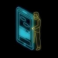 Man standing next to giant smartphone with weather app opened vector