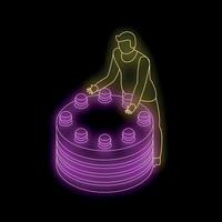 Man playing arcade game with buttons on dark background in neon style vector