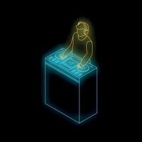 Dj playing music on mixer with neon lights isometric illustration vector