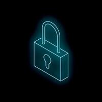 Neon padlock glowing on dark background representing cybersecurity vector