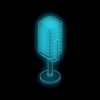 Blue neon microphone glowing on black background vector