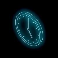 Neon blue clock showing eight o'clock on black background vector