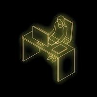 Woman working on computer at desk neon sign isometric view vector