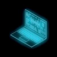 Neon blue laptop showing software code on black background vector