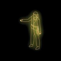 Construction worker pointing with neon yellow line on black background vector