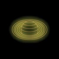Yellow neon light representing planet saturn with rings on black background vector