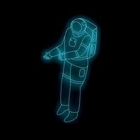 Glowing astronaut floating in space with open arms, neon blue outline vector