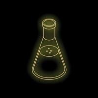 Neon yellow conical flask glowing on black background vector