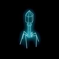 Neon bacteriophage virus attacking bacteria on black background vector