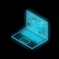 Futuristic neon blue laptop showing data analysis on screen vector