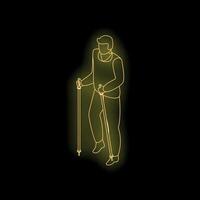 Man practicing nordic walking with trekking poles in neon style isometric illustration vector