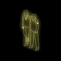 Two friends walking together supporting each other with neon effect vector