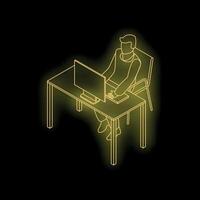 Neon yellow isometric outline of a man working on desktop computer vector