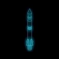 Neon blue rocket ship flying through space on black background vector