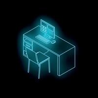 Neon workplace setup with desk, computer, and chair vector