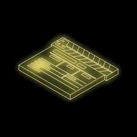 Glowing neon movie clapperboard on dark background symbolizing film production vector