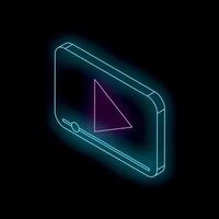 Neon smartphone showing play button on black background vector