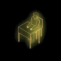 Student sitting at desk studying with glowing neon light effect vector