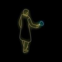 Scientist walking and holding a light bulb in neon style vector