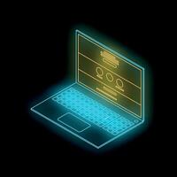 Neon glowing laptop showing website or application in dark background vector