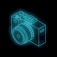 Glowing neon blue camera icon on black background representing photography and technology vector