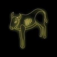 Glowing yellow neon wildebeest standing on black background vector