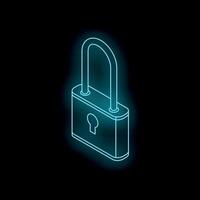 Glowing neon padlock symbolizing security on dark background vector