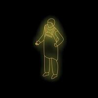 Waiter wearing apron gesturing on black background, yellow neon style vector