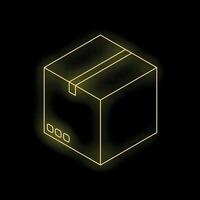 Glowing neon yellow package on a black background representing delivery and shipping vector