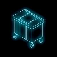 Neon blue mobile garbage bin shining on black background vector